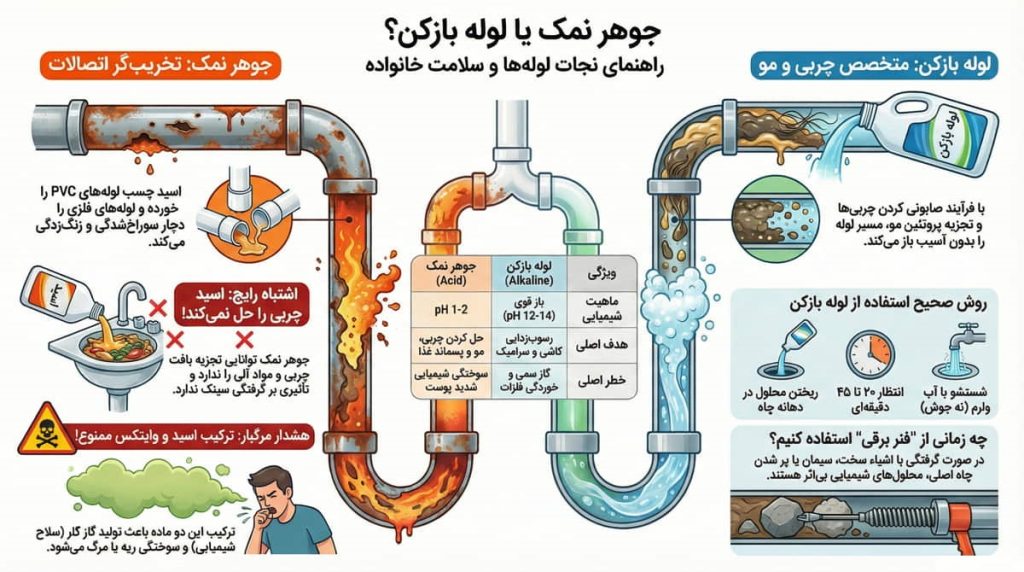 تفاوت جوهر نمک و لوله بازکن؛ کدامیک برای گرفتگی فاضلاب بیخطر و موثر است؟